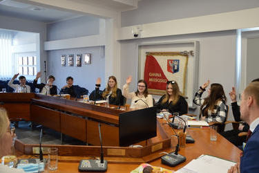 Zdjęcie przedstaiw młodych radnych podczas głosowania nad uchwałą. Mają podniesione ręce.