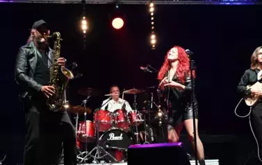 widzimy panią śpiewającą oraz trzech pan&oacute;w grających na instrumentach