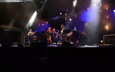 widzimy panią śpiewającą oraz czterech pan&oacute;w grających na instrumentach