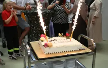 widzimy tort z zapalonymi racami