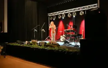 widzimy panią trzymającą skrzypce i mikrofon w rękach