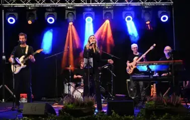 widzimy panią śpiewającą do mikrofonu oraz pan&oacute;w grających na instrumentach