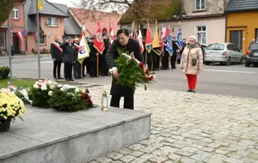 widzimy panią, kt&oacute;ra kładzie wieniec na pomnik