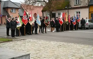 widzimy grupę os&oacute;b stojących ze sztandarami