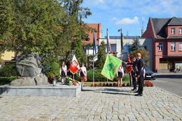 Na zdjęciu widać poczet Gminy Mieścisko przed pomnikiem ofiar II Wojny Światowej.