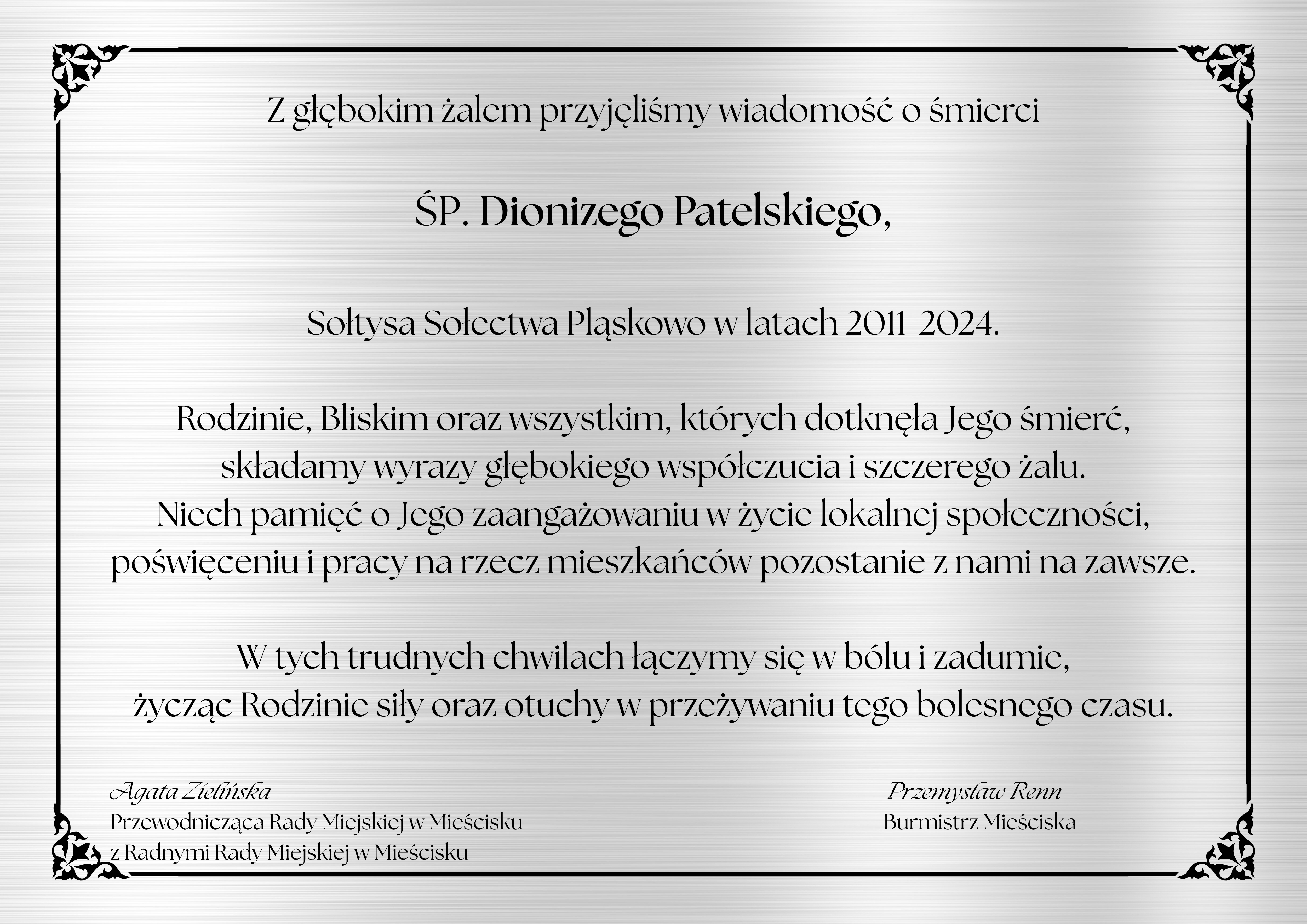 treść kondolencji z&nbsp;powodu śmierci sołtysa sołectwa Pląskowo