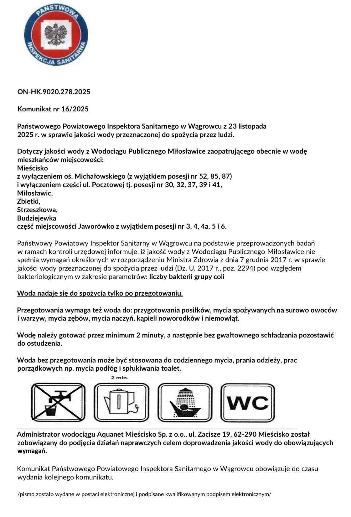 plakat zawiera informacje o&nbsp;jakości wody z&nbsp;wodociągu Miłosławice - woda nadaje się do spożycia tylko po przegotowaniu