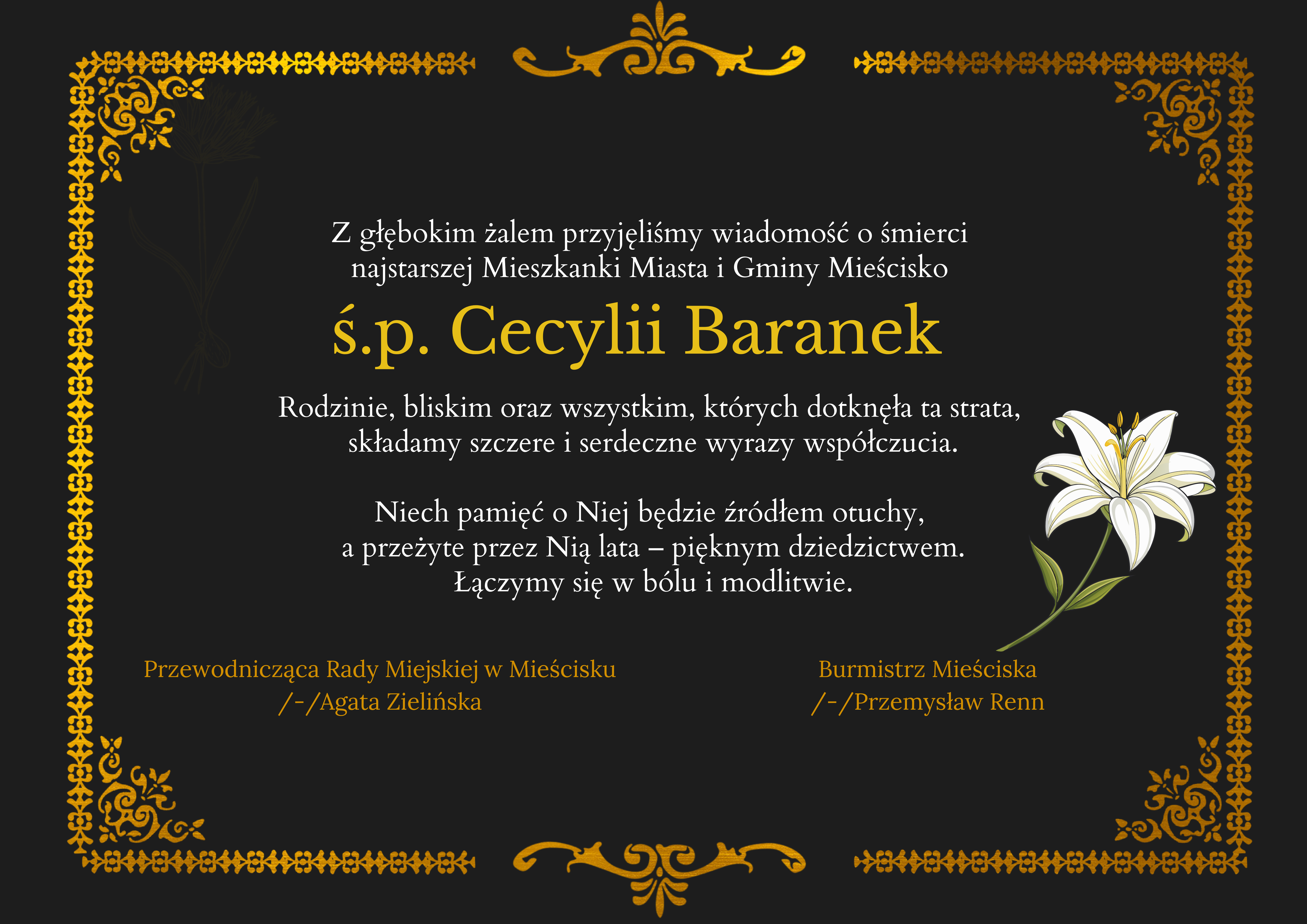 na czarnym tle złota ozdobna ramka, kwiat lilia oraz&nbsp;treść kondolencji z&nbsp;powodu śmierci ś.p. Cecylii Baranek