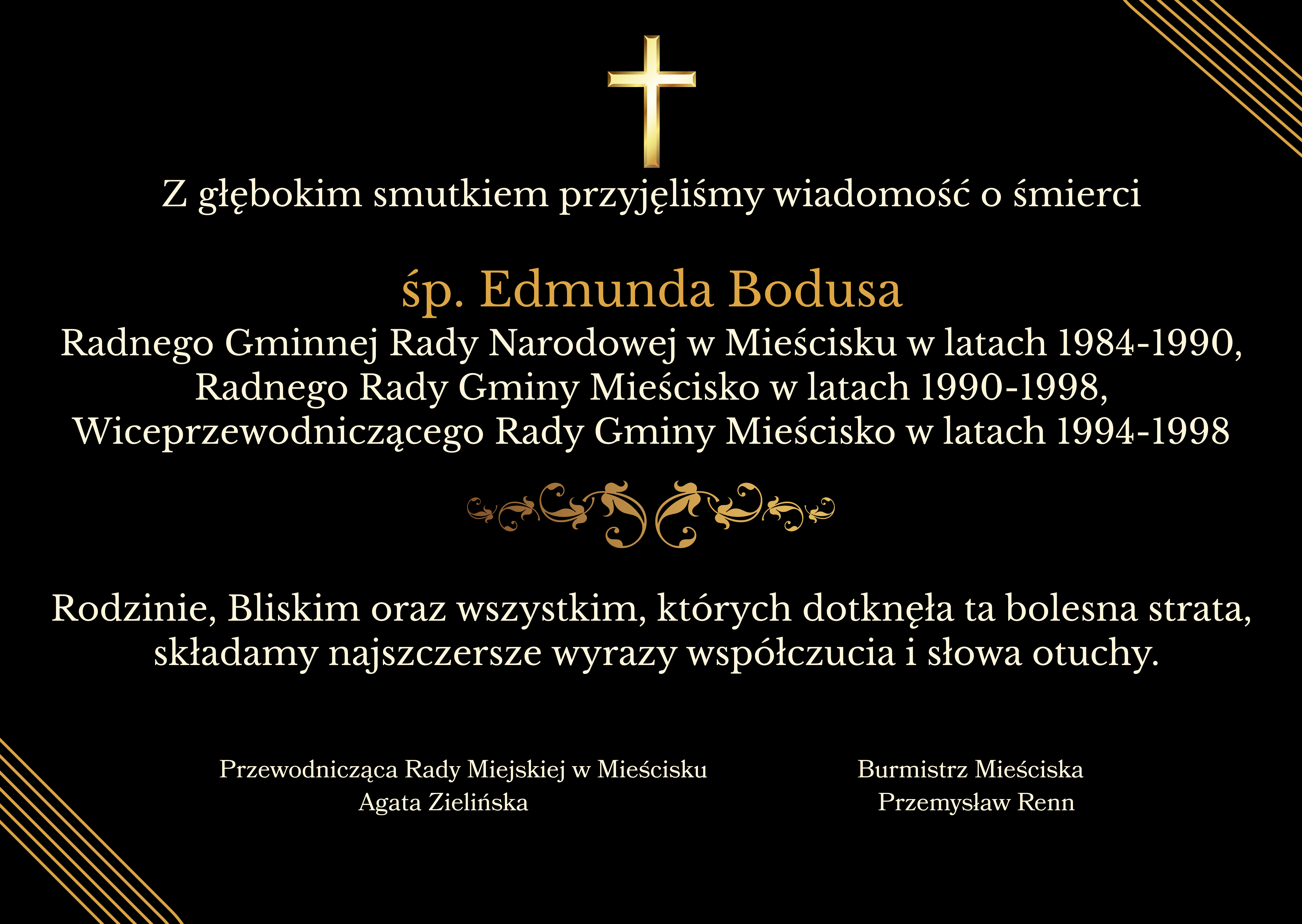 na czarnym tle złota treść kondolencji z&nbsp;powodu śmierci ś.p. Edmunda Bodusa