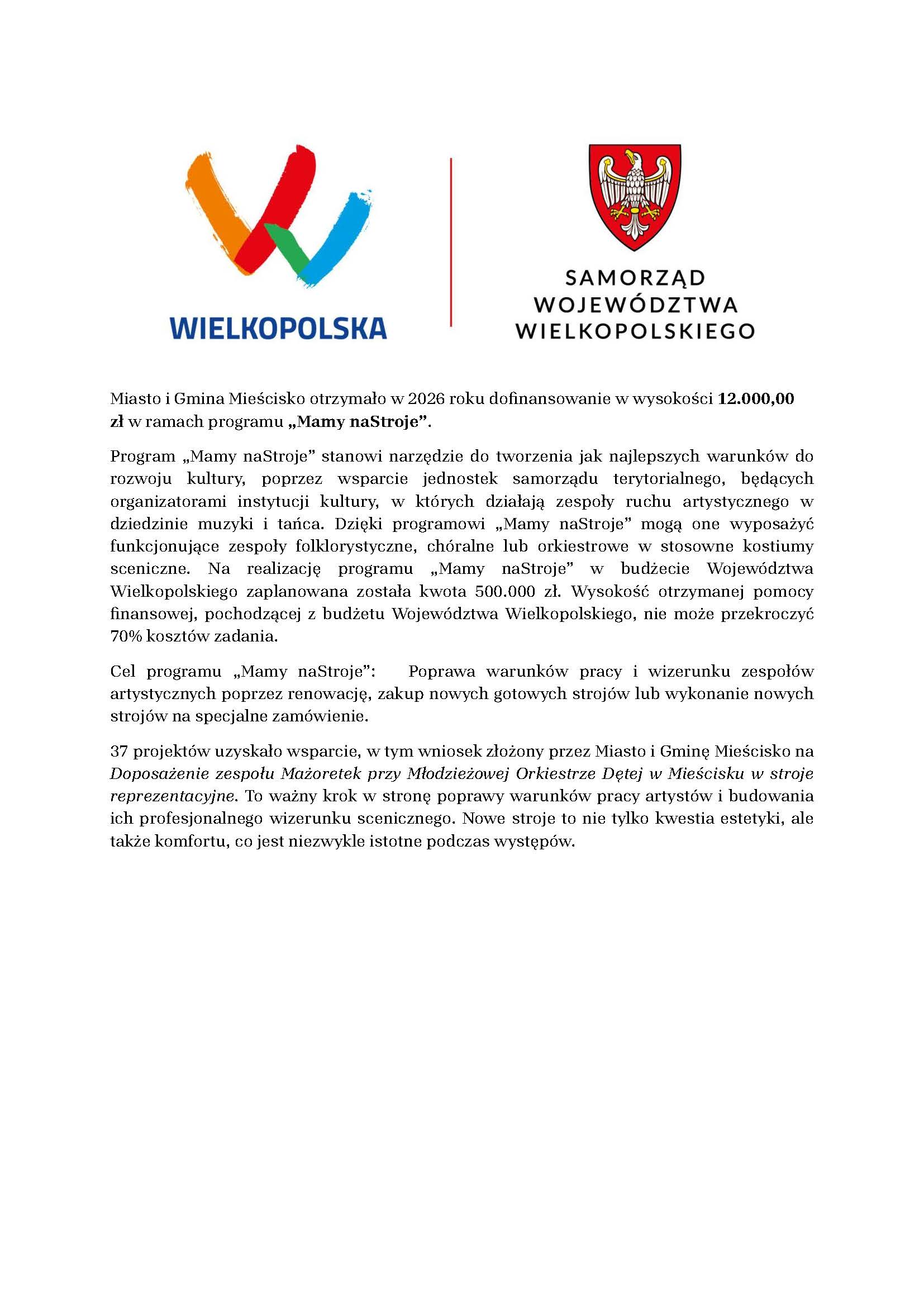 obraz zawiera informacje o&nbsp;dofinansowaniu z&nbsp;programu Mamy naStroje, grafika przedstawia symbole wielkopolski herb i&nbsp;logo