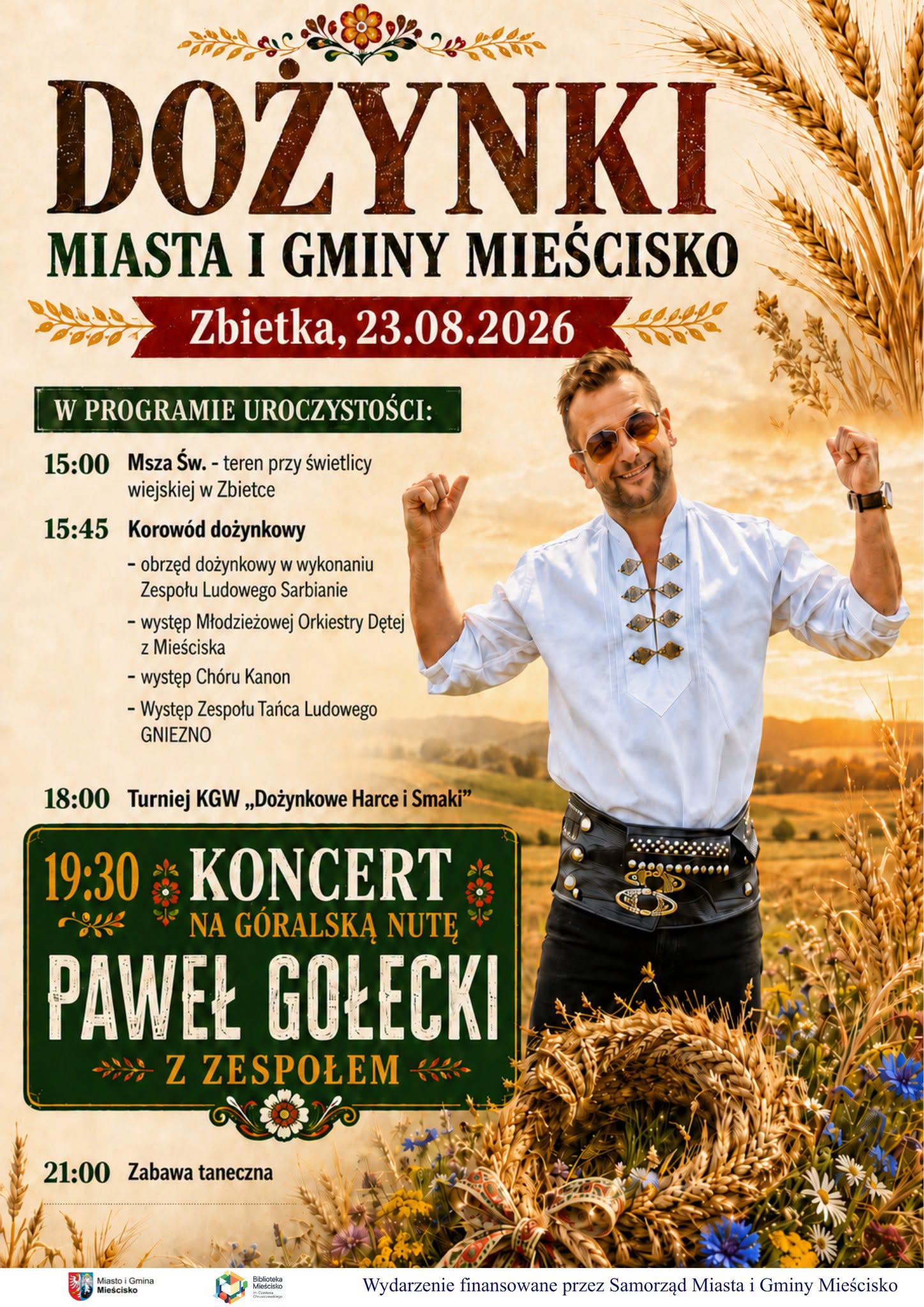 mężczyzna w&nbsp;g&oacute;ralskim stroju, plakat zapraszający na&nbsp;dożynki
