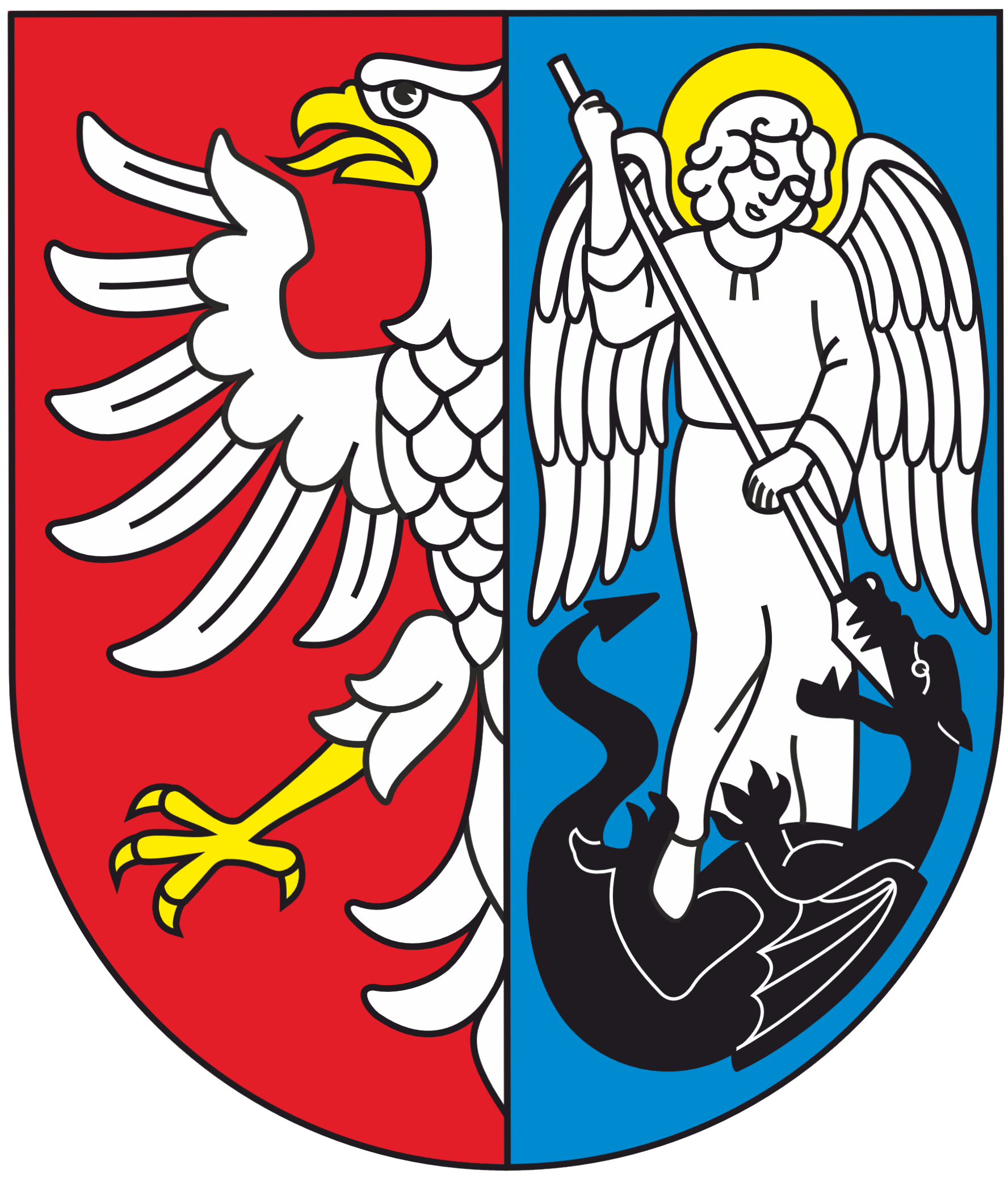 Herb Miasta i&nbsp;Gminy Mieścisko, p&oacute;łorzeł w&nbsp;polu prawym i&nbsp;w polu lewym św. Michał przebijający smoka wł&oacute;cznią