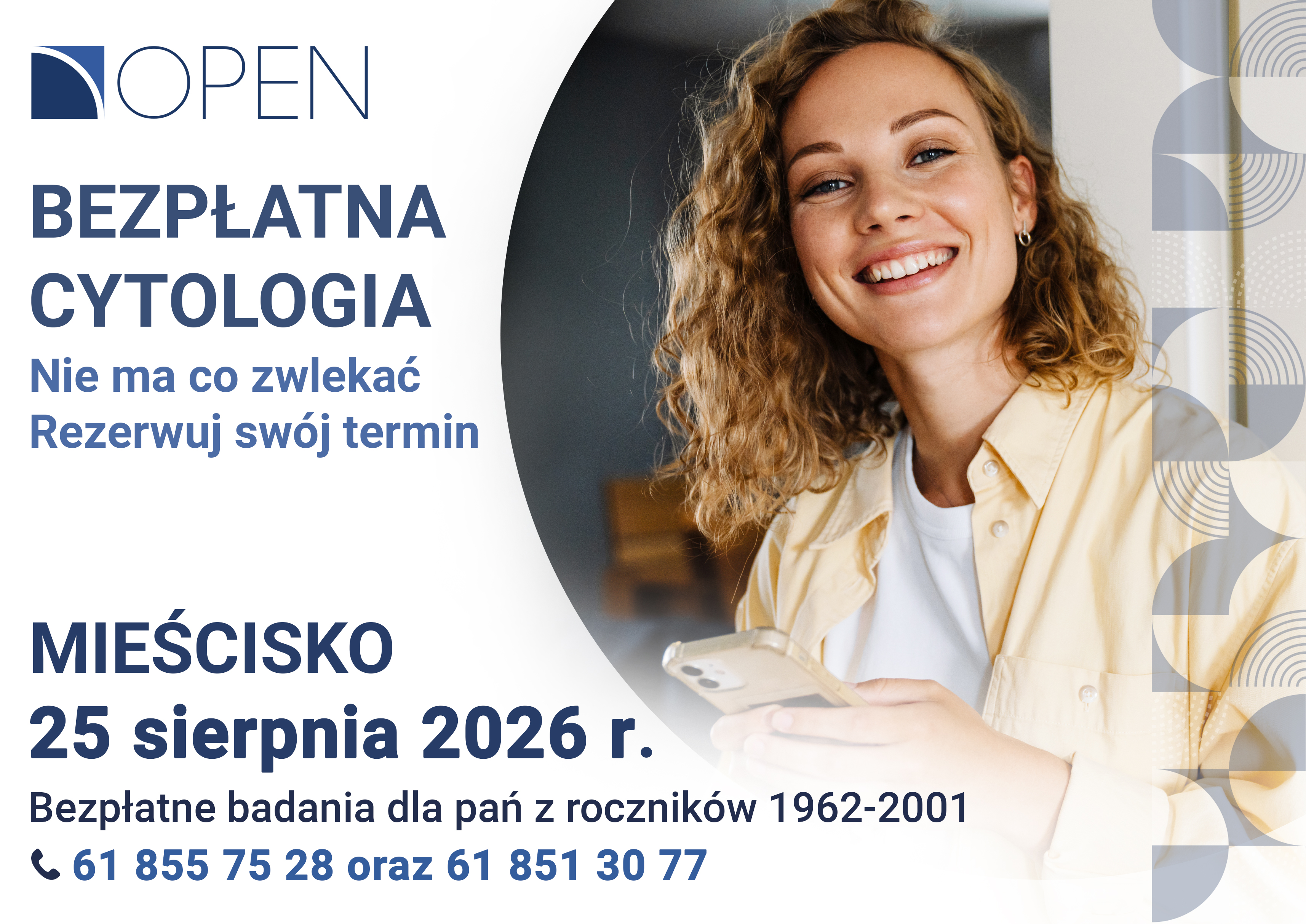 na grafice kobieta w&nbsp;średnim wieku oraz&nbsp;informacje nt. bezpłatnego badania 