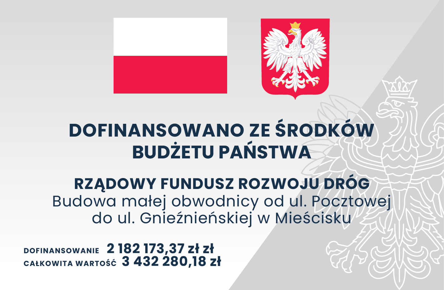 tablica zawiera informacje o budowie obwodnicy, w tle zarys orła białego oraz flaga Polski