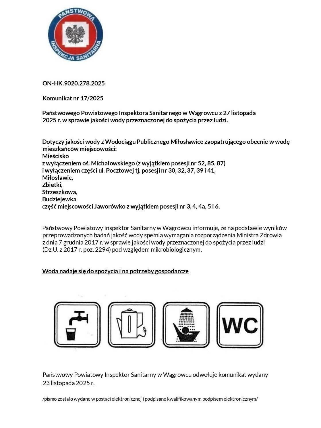 treść komunikatu o&nbsp;zdatności wody do picia