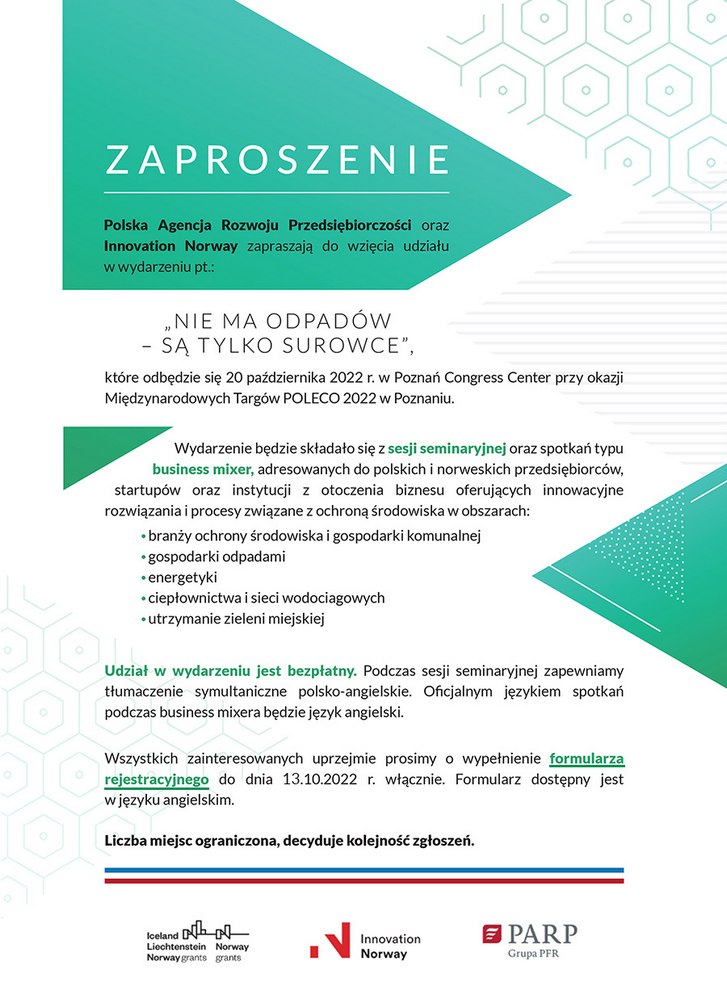 Zaproszenie na&nbsp;udział w&nbsp;wydarzeniu "Nie ma odpadów-są tylko surowce" 20 października w&nbsp;Poznaniu przy okazji Międzynarodowych Targów POLECO 2022. Omówione zostaną zagadnienia związane z&nbsp;ochroną środowiska.