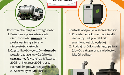 informacja o kontroli zbiorników bezodpływowych, oczyszczalni ścieków oraz źródeł ogrzewania, wizerunek szambiarki (wozu) oraz pieca ekologicznego