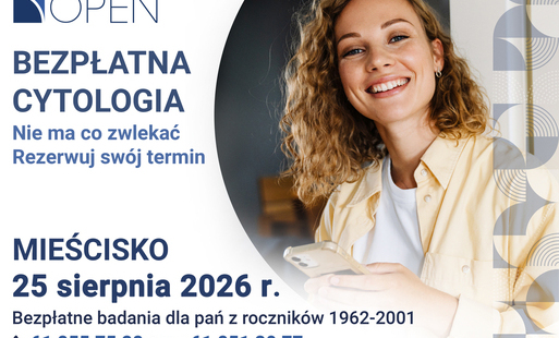 na grafice kobieta w średnim wieku oraz informacje nt bezpłatnych badań