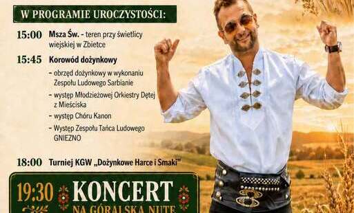 plakat informujący o dożynkach w Mieście i Gminie Mieścisko, na grafice mężczyzna w góralskim  stroju w tle skoszone pole