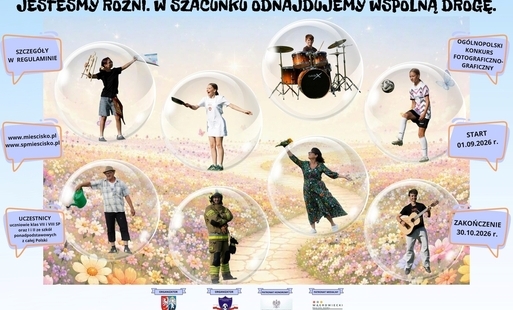 na grafice różne postaci w bańkach mydlanych, widzimy m.in.: kucharkę, strażaka, piłkarkę, malarkę, ogrodnika, perkusistę