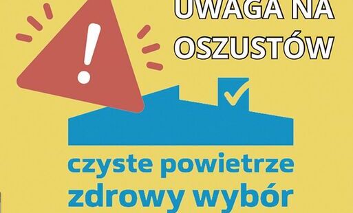 na żółtym tle niebieskie logo programu czyste powietrze, napis uwaga na oszustów