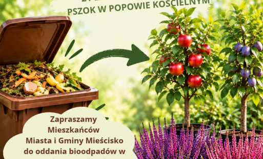plakat ogłaszający zbiórkę biodpadów, zdjęcie kwiatów wrzosu 