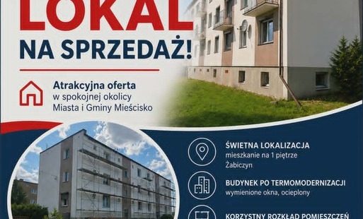 na plakacie wizerunek budynku wielorodzinnego oraz informacje o lokalu przeznaczonym do sprzedaży