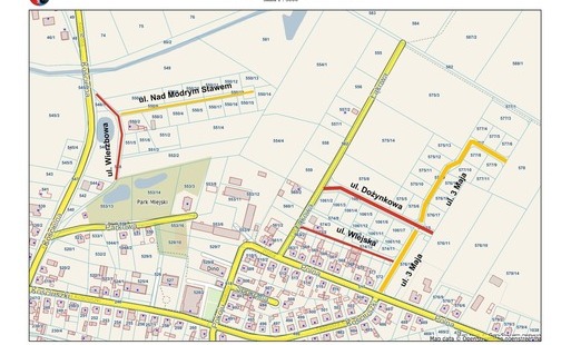 ilustracja przedstawia mapę Mieściska z naniesionymi propozycjami nazw ulic