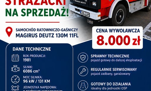 plakat informujący o sprzedaży wozu strażackiego, zdjęcie Magirusa