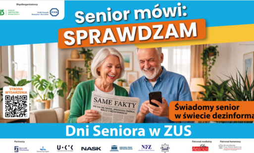 plakat informujący o akcji - senior w świecie dezinformacji, wizualizacja kobiety i mężczyzny w podeszłym wieku, kobieta czyta gazetę, mężczyzna sprawdza ekran smatfona